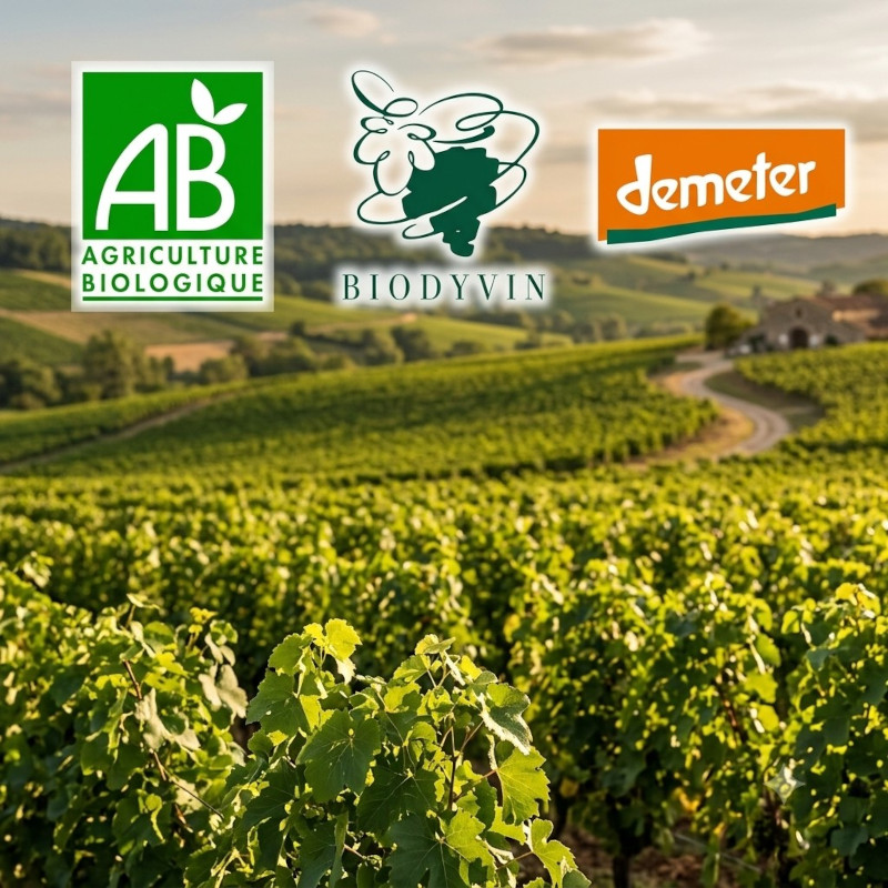 Certifications vin bio et vin biodynamique sur fond de vignoble